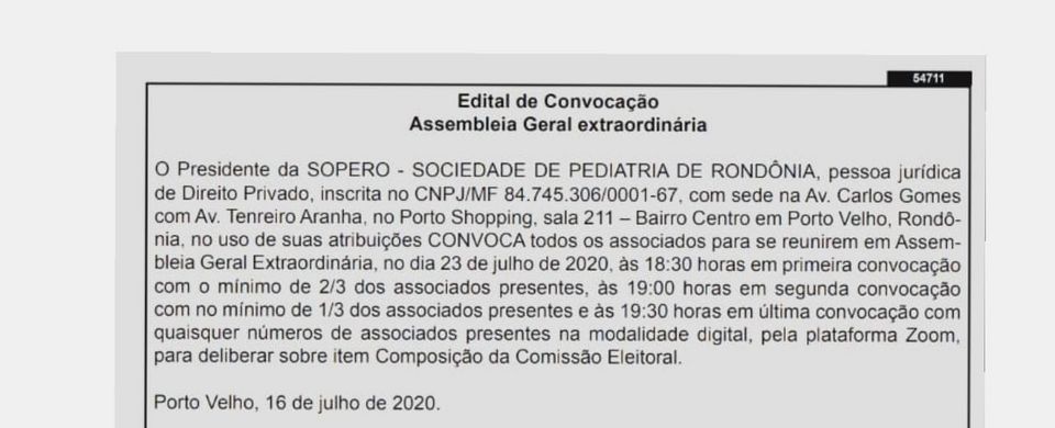 ELEIÇÕES 2020. ASSEMBLEIA GERAL EXTRAORDINÁRIA. 23/07/2020 